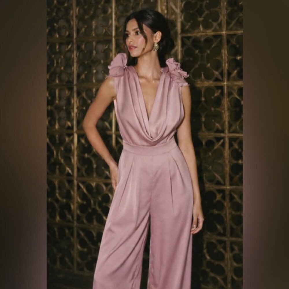 MABLE NEW Rose Jumpsuit Plunge mauve Silky Cowl Neck Sleeveless romper - M